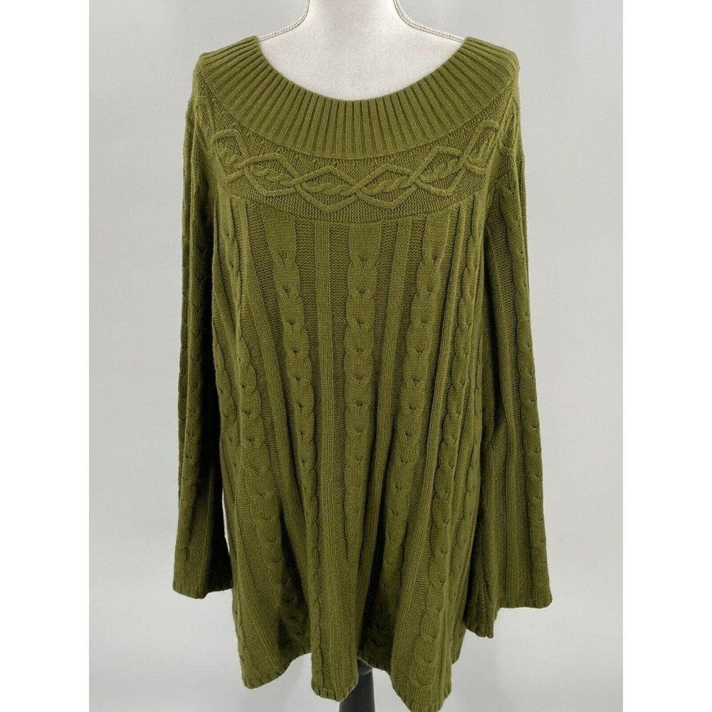 Jessica London Wide Neck Pullover Sweater Cable Knit Olive Green 22/24